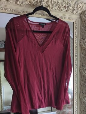 Express Women's Burgundy V-Neck Long Sleeve Top